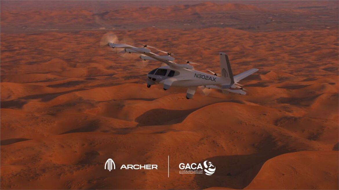 Saudi Arabia GACA, Archer Aviation, electric air taxi deployment, eVTOL regulatory pathway, FAA certification alignment, Advanced Air Mobility, eIPP pilot program, Red Sea Global vertiports, National Transport and Logistics Strategy, Riyadh Jeddah air taxi routes